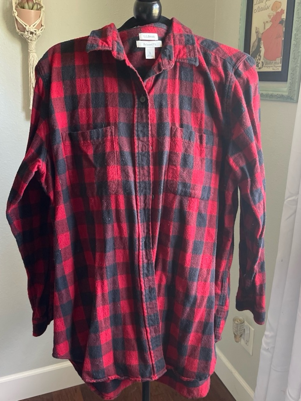 L.L. Bean Red and Black Buffalo Plaid long Button-Down Shirt